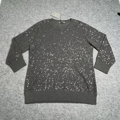 Neiman Marcus Womens 100% Cashmere Crewneck Sweater Sequined Gray Size XL