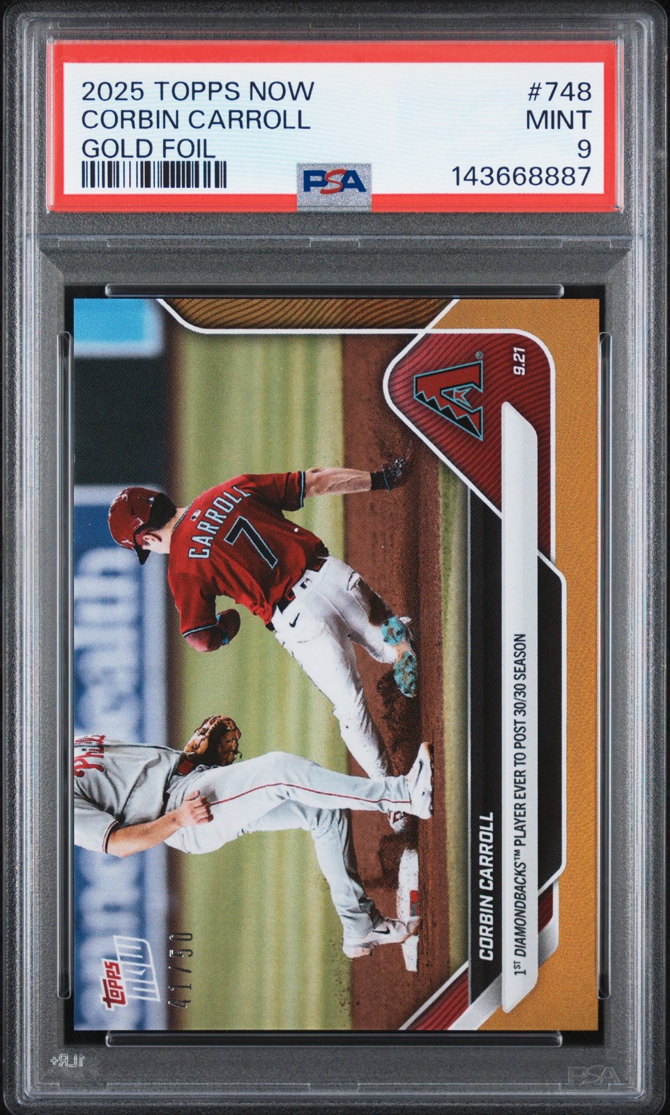 2025 TOPPS NOW GOLD FOIL #748 CORBIN CARROLL 41/50 PSA 9 view 1