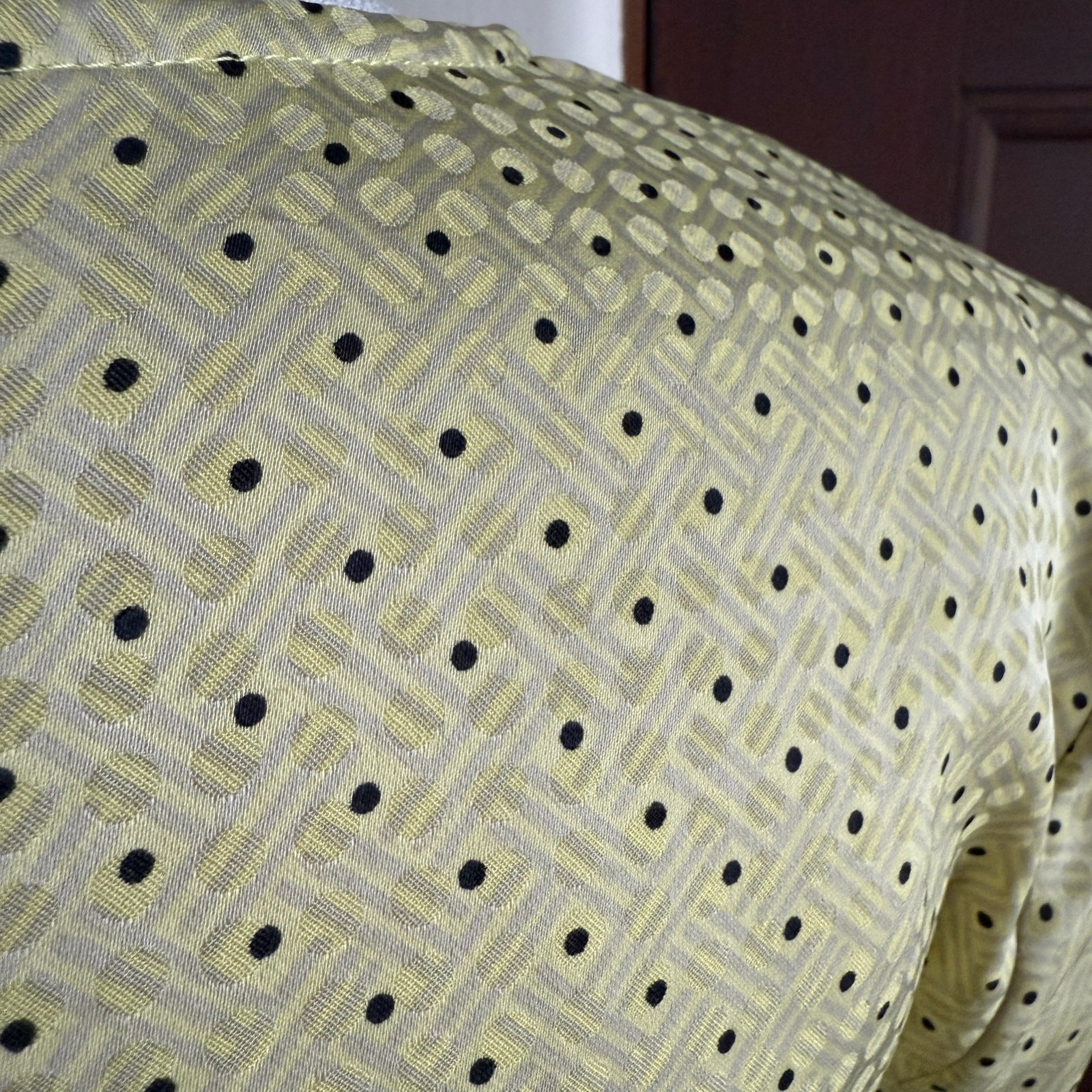 LOVE, WHIT | Citron Dot Yellow Jacquard Tie Front Ruffle Hem Midi Dress | Small