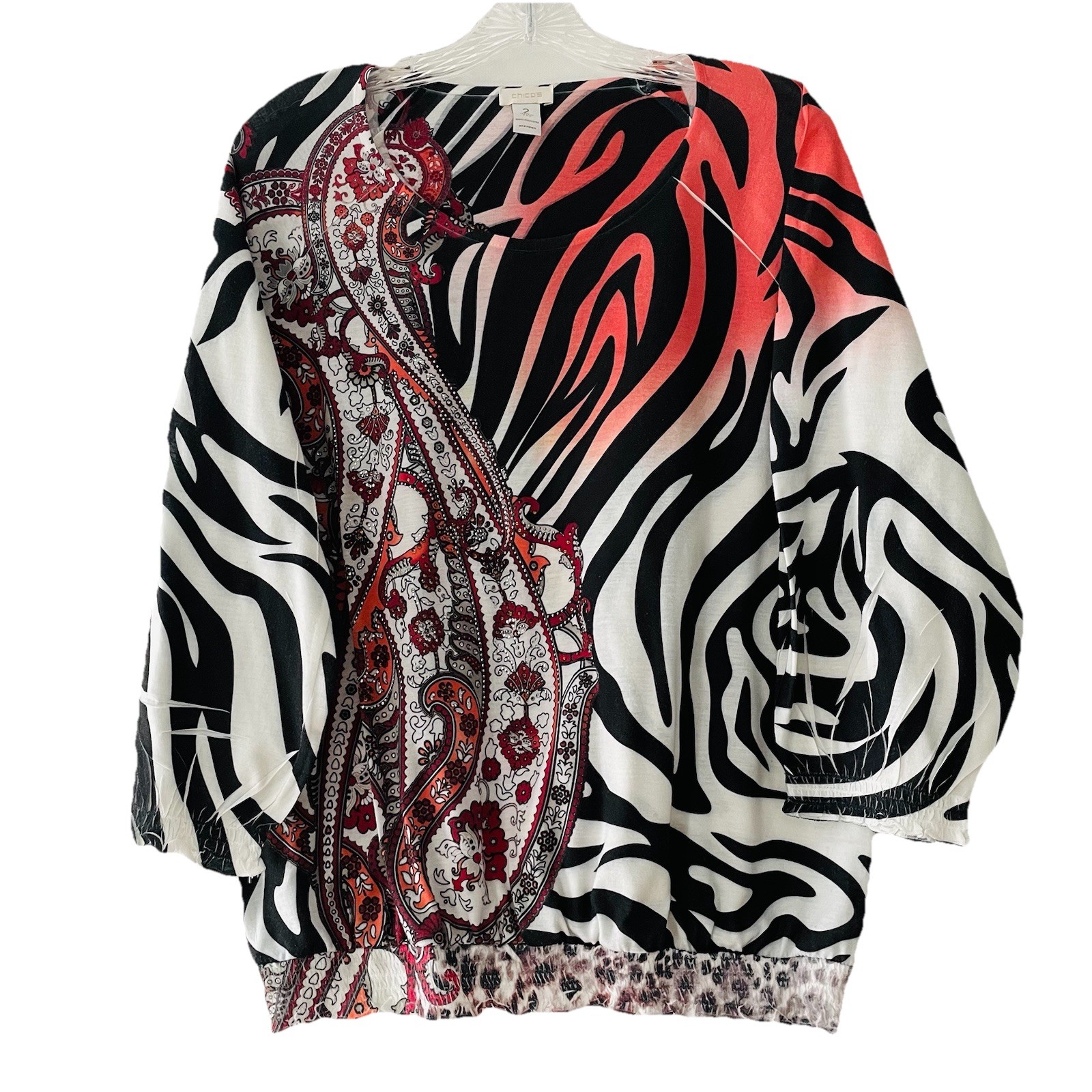 Chico’s Size 2 Large Zebra Paisley Sublimation Studded Banded Hemline Shirt Top