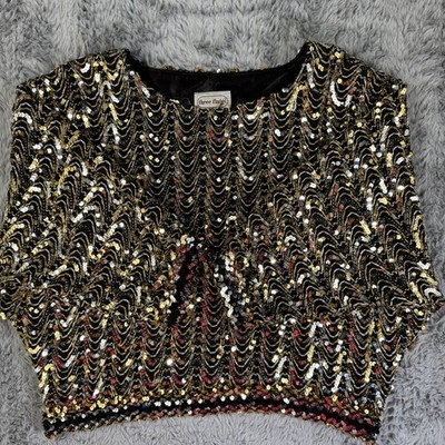 Vintage Three Flags California Sequin Batwing Top Gold Black Wave Pattern