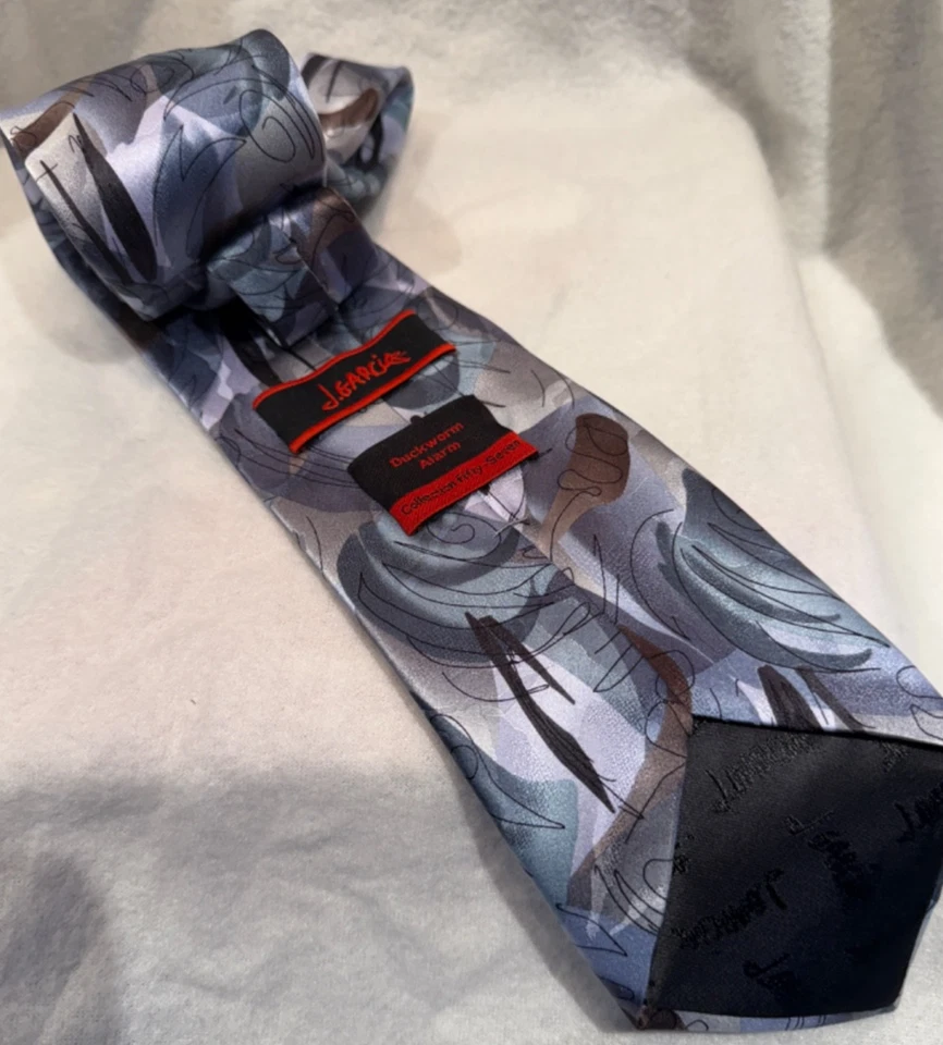 Corbata J. Garcia Duckworm Alarm Collection 100% Seda. Diseño abstracto plateado Foto 3 de 4