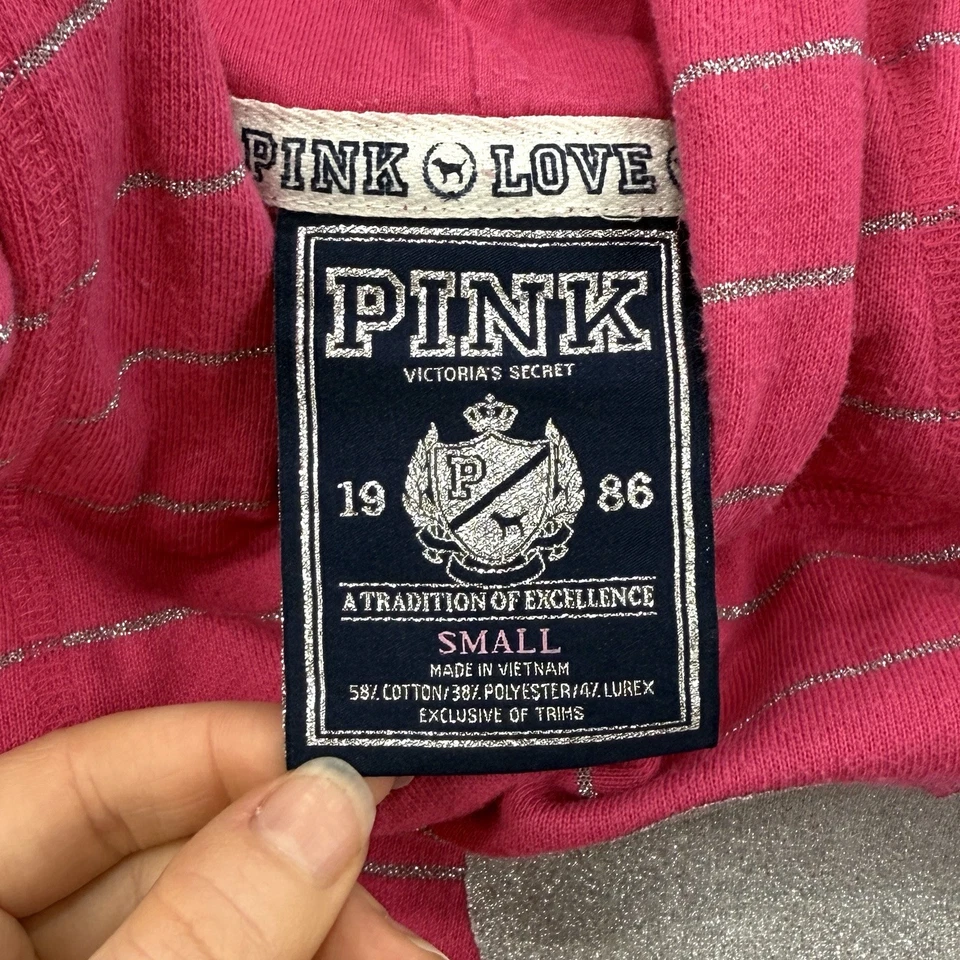 Sudadera con Capucha Victorias Secret Rosa Para Mujer S Rosa Rayas De Colección Y2K Gráfico Amor Metálico Foto 2 de 4