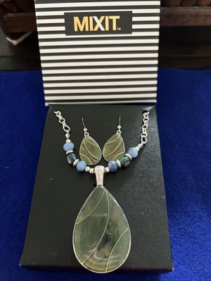 MIXIT Necklace Earring Set SilverTone Rhinestone Blue Green Teardrop Gift Set