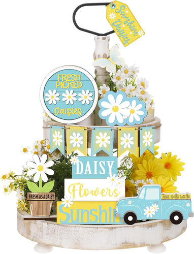 12 Pcs Spring Daisy Tiered Tray Decor Set, Table Block Sign Wooden Daisy Flower