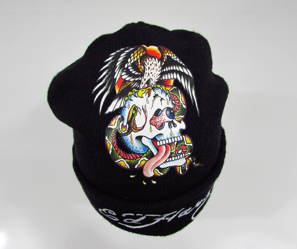 Rare Ed Hardy Black Hat Beanie Y2K Tattoo Skull Snake VGC | eBay
