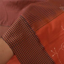 Sanskriti Vintage Dark Orange Sarees Blend Cotton Hand Beaded Kantha Sari Fabric