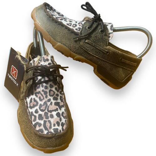 Cow Kids Twisted X Distressed Leopard Boat Shoes Mocs Sz 3M Youth Sz 5 Womens - Afbeelding 1 van 13