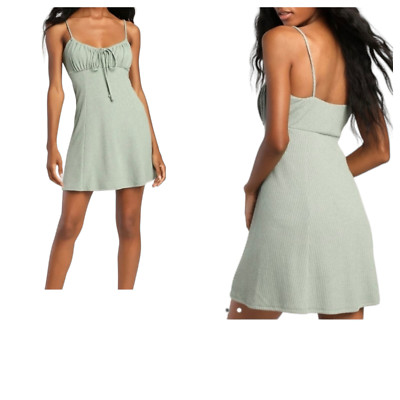 Lulus Casual Confidence Dress Size XL Green Terry Ribbed Drawstring Bodice New