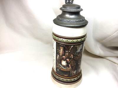 German Reinhold Hanke 0.5L Pewter Lidded Beer Stein - Monks Admiring Fish