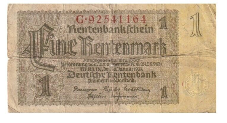 Banknoten Deutsches Reich-EINE RENTENMARK 30.Januar 1937 SERIE G  -"SG""VG"  V