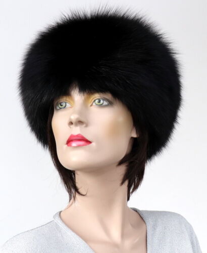 Fur Hat Blue Fox Cap Warm Head Covering Handmade Black