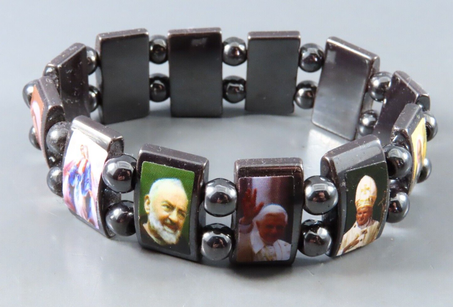 HEMATITE BEADED BRACELET Catholic Religious Icons SAINTS POPE VIRGIN MARY 6.5