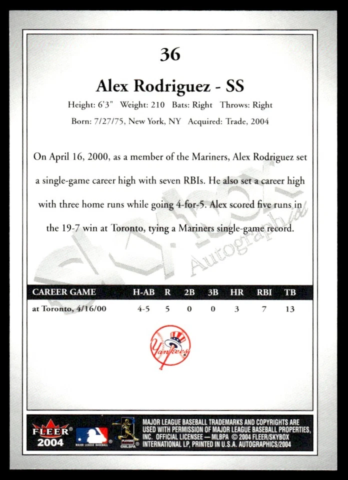 2003 SKYBOX Alex Rodriguez Texas Rangers #36 R102 - Image 2 of 2
