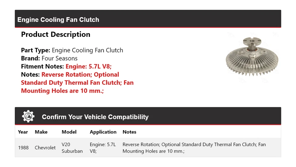 For 1988 Chevrolet V20 Suburban 5.7L V8 Engine Cooling Fan Clutch 4 Seasons - Image 2 of 4