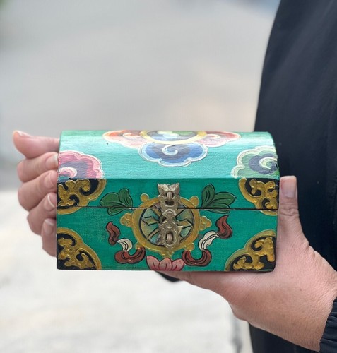 Caja de madera tradicional tibetana pintada a mano tallada joyería de recuerdo de Nepal - Imagen 12 de 20