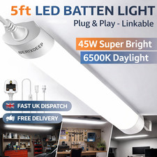 5ft LED Batten Light 45W Plug In Linkable 6500K Garage Workshop Shed Kitchen Off