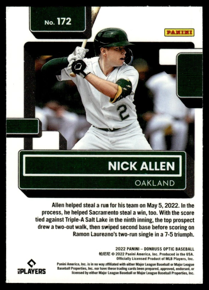 2022 Donruss Optic RATED ROOKIE Nick Allen Rookie Oakland Athletics #172 - Image 2 of 2