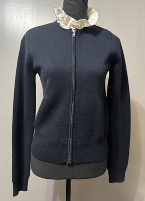 Sandro Paris Navy Zip Up Cardigan Wool Knit Sweater  Sz 1  Preppy Old Money
