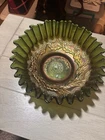 New ListingVintage Fenton Bowl Hearts and Vines Ruffled Carnival Glass Iridescent Green
