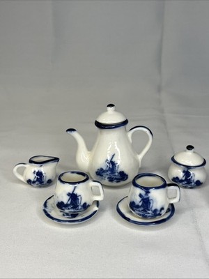 Vintage Miniature Porcelain Blue White Tea Set Dutch Windmill Design (10 Piece)