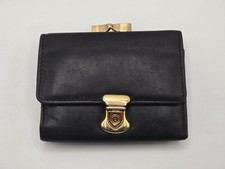 Vintage Black Leather Trifold Wallet Kiss Lock Coin Clasp Shield Tuck Lock Small