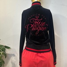 True Religon Velour Velvet Bomber Jacket Black red zip-up jacket SMALL