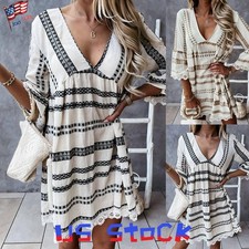 Womens Lace V-Neck Smock Dress Ladies Summer Holiday Swing Print Mini Dress New