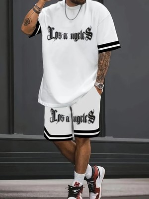 3D Buchstaben Druck Herren Sommer Freizeit Zweiteiliges Set Leichter Streetwear Anzug