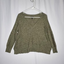 Eileen Fisher Boxy Relaxed Sweater Women Large Green Wool Linen Silk Knit V-Neck
