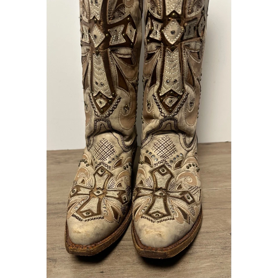 Corral Sadler Distressed Leather Metallic Insert Rhinestone Cowboy Boots Size 6 - Image 4 of 4
