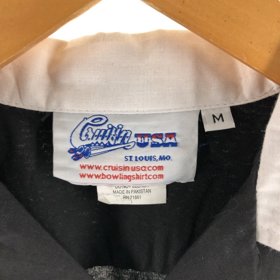 Camisa de boliche vintage con estampado de cuello abierto Cruisin EE. UU. Camisa de caja para hombre talla mediana Foto 3 de 4