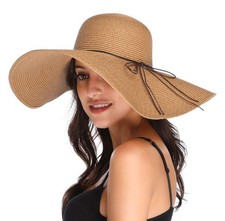 Womens Wide Brim Straw Hat Big Floppy Foldable Roll up Cap Beach Sun Hat UPF ...