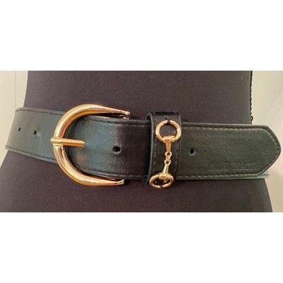 Ellen Tracy Black Faux Leather Belt Gold Horsebit Accent Women's 1X Old Money