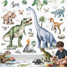 Large Dinosaur Wall Stickers Watercolor Tropical Animals Dino Plants Volcano ...