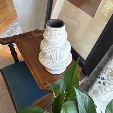 White Opal House Vase. Textured, Three Tiered, Sturdy Pottery