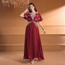 Women Muslim Rhinestone V-Neck Abaya Modest Long Maxi Dress Kaftan Evening Prom
