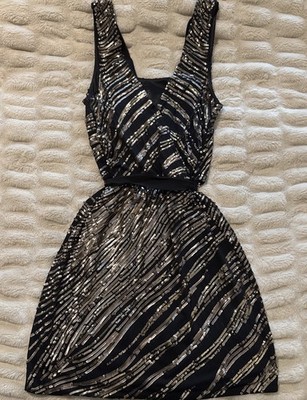 Express Black Gold Sequin Midi Dress Deep V Open Back Satin Belt Size Small  | eBay
