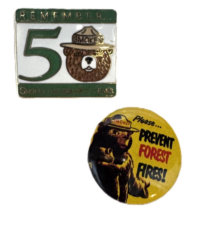 2 Smokey the Bear Pins "PREVENT FOREST FIRES!"  1970's 1990's 50 years