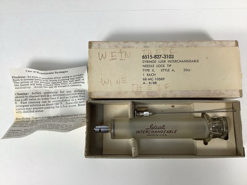 Vintage Ideal 20cc Glass Syringe Luer Lock Tip Box & Paper US Military 1968