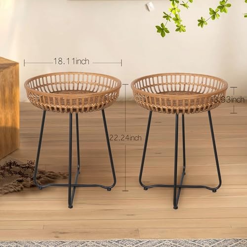 Rattan Beistelltisch, Satztische, 2er Set, Bambus, rund, Metallgestell, für - Bild 2 von 7