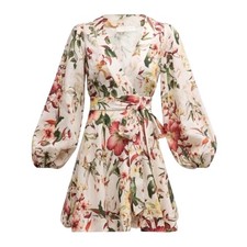 Zimmermann Lexi Floral Linen Wrap Mini Dress | Size 0/US Size 4