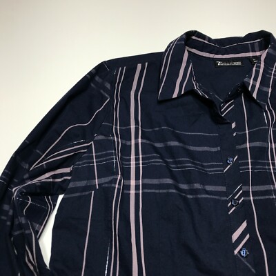 7th Avenue NY&C Shirt Womens Size XL Blue Plaid Silver Metallic Thread Button Up