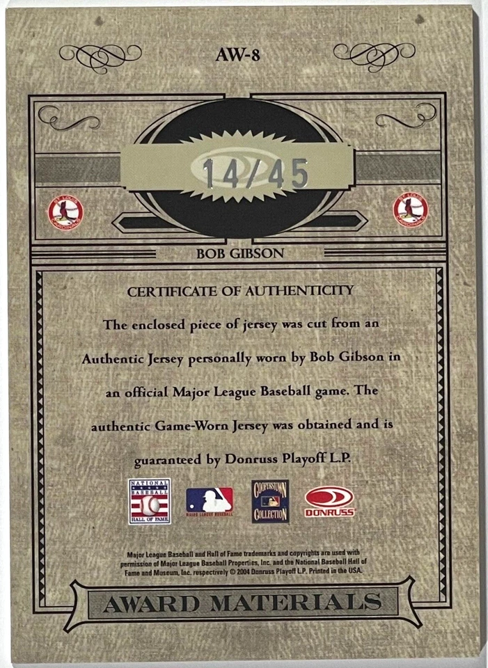 2004 Playoff Timeless Treasures Award Materials Bob Gibson Relic #AW-8 /45 - Image 2 of 2