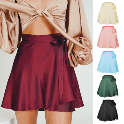 Women's Asymmetrical Wrap Mini Skirt Satin Short Skater Faux Silk High Waist
