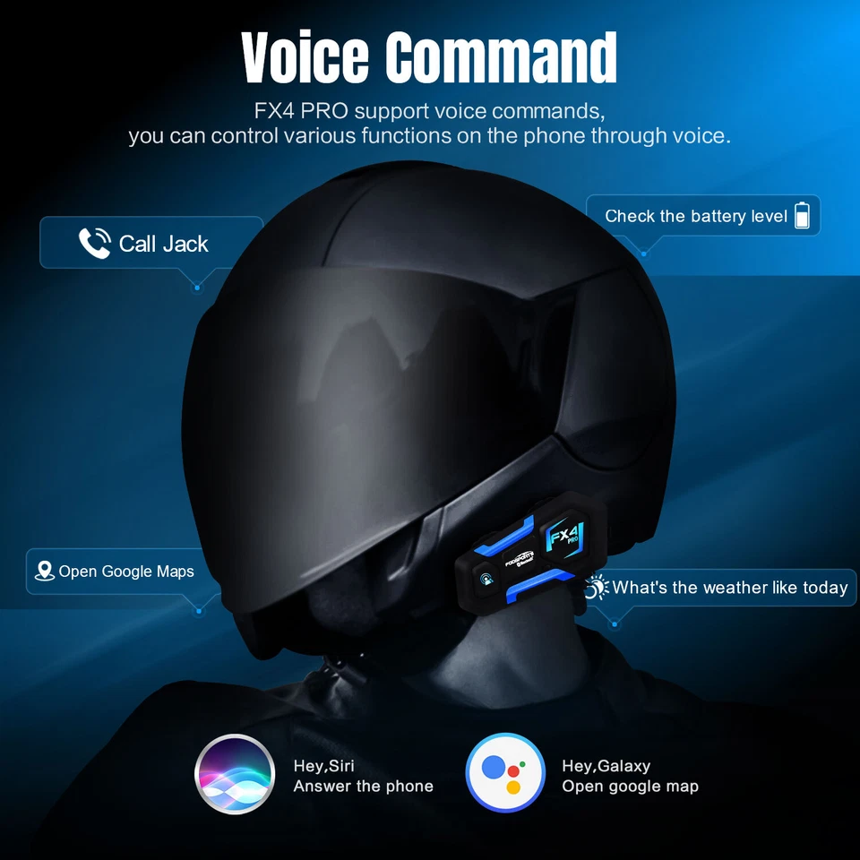 FX4 Pro Motorcycle Helmet Intercom Bluetooth Headset 4-way 1000m Communication - Image 4 of 4
