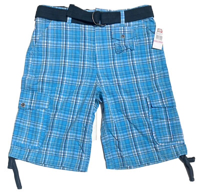 Ecko Unltd New Hunter Plaid Belt Cargo Shorts Ethereal Blue 32