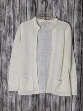 Women's Vintage White Open Front Cardigan Sweater W/ Pockets Size M