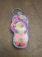 New Souvenir Plastic Keychain Hawaii Flipflop Hibiscus Flowers Pink Yellow