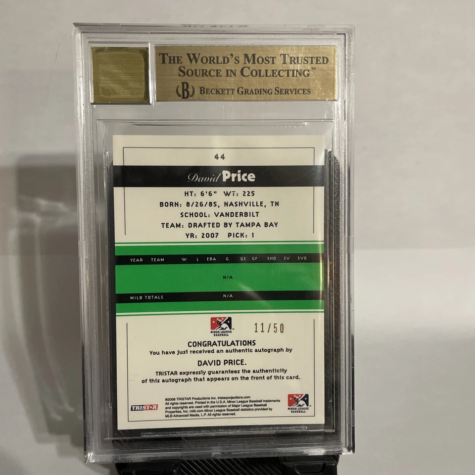 2008 Tristar Projections, зеленый No44 David Price, BGS 9.5 Auto 10 - Изображение 2 из 2